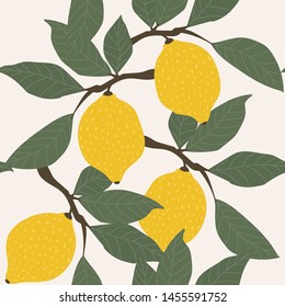 Seamless pattern lemons and leaves. Tropical illustration