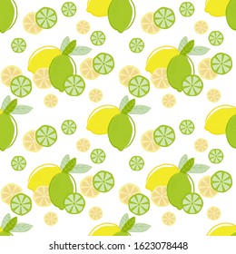 Seamless pattern of lemons and limes citrus fruits with fruit slices on a white background. Vector with swatch.