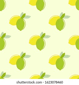 Seamless pattern of lemons and limes citrus fruits with  on a yellow background. Vector with swatch.