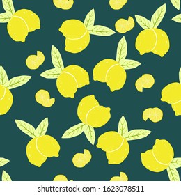 Seamless pattern of lemons and limes citrus fruits with fruit slices on a dark green background. Vector with swatch.