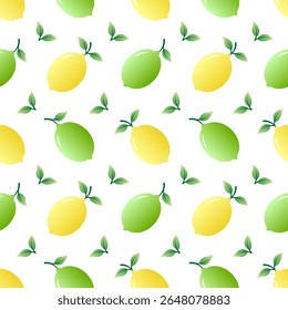Padrão contínuo de limões e limões em verde e amarelo, sobre fundo branco. Frequentemente usado para vários fins decorativos.