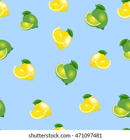 Seamless pattern with lemons and limes with leaves and slices on blue background.
