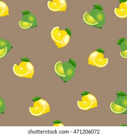 Seamless pattern with lemons and limes with leaves and slices on brown background.