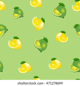 Seamless pattern with lemons and limes with leaves and slices on light green background.