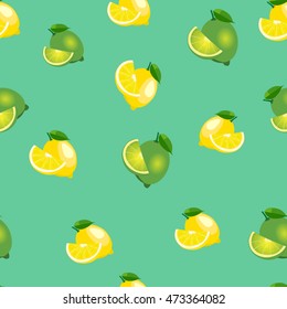 Seamless pattern with lemons and limes with leaves and slices on turquoise background.