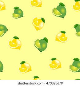 Seamless pattern with lemons and limes with leaves and slices on yellow background.