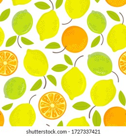 Patrón sin foco con limones, cal y naranjas. Ilustración vectorial con cítricos.