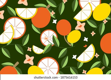  seamless pattern with lemons, limes, oranges,  grapes and flowers . Vector fruit abstract  background or wallpaper.