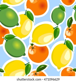 Seamless pattern with lemons, limes and oranges stickers different sizes with leaves on blue background.