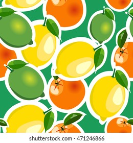 Seamless pattern with lemons, limes and oranges stickers different sizes with leaves on green background.