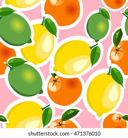 Seamless pattern with lemons, limes and oranges stickers different sizes with leaves on pink background.