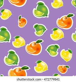 Seamless pattern with lemons, limes and oranges stickers different sizes with leaves and slices on purple background.