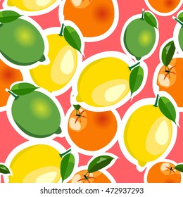 Seamless pattern with lemons, limes and oranges stickers different sizes with leaves on red background.