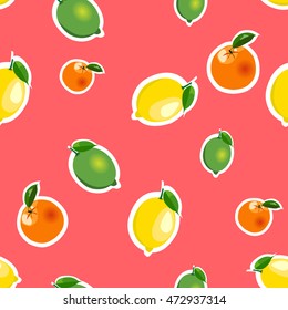 Seamless pattern with lemons, limes and oranges different sizes with leaves on red background.