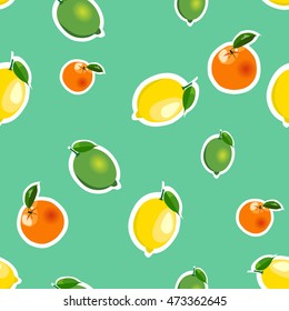 Seamless pattern with lemons, limes and oranges different sizes with leaves on turquoise background.
