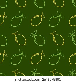 Seamless pattern of lemons and limes outlines in green and yellow, on dark green background. Often used for various decorative purposes.