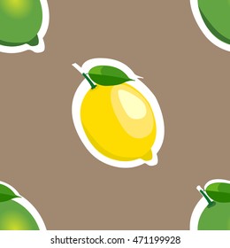 Seamless pattern with lemons and limes stickers with leaves on brown background.