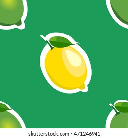 Seamless pattern with lemons and limes stickers with leaves on green background.