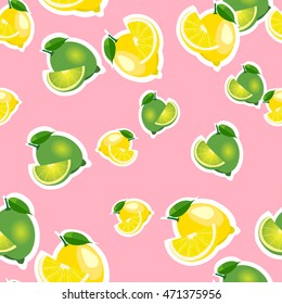 Seamless pattern with lemons and limes stickers with leaves and slices different sizes on pink background.