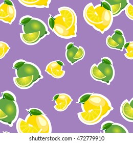 Seamless pattern with lemons and limes stickers with leaves and slices different sizes on purple background.