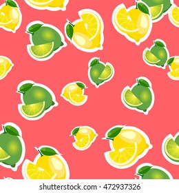 Seamless pattern with lemons and limes stickers with leaves and slices different sizes on red background.