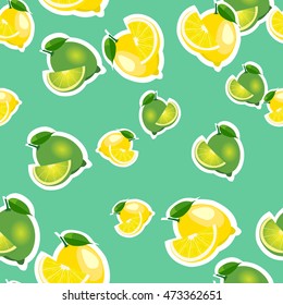 Seamless pattern with lemons and limes stickers with leaves and slices different sizes on turquoise background.