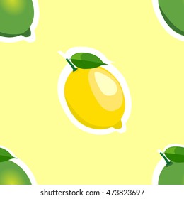 Seamless pattern with lemons and limes stickers with leaves on yellow background.