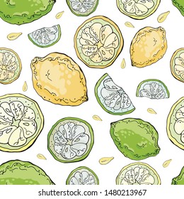Seamless pattern with lemons and limes and their seeds,  isolated on white  for design.
