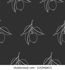 Seamless pattern with lemons. Line drawing isolated on dark gray background. Fresh Fruits with leaves. Summer design. Vector illustration.