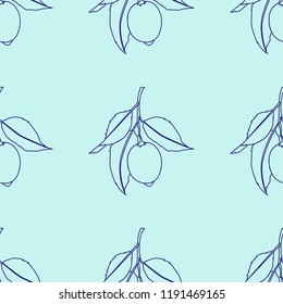 Seamless pattern with lemons. Line drawing isolated on blue background. Fresh Fruits with leaves. Summer design. Vector illustration.