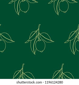 Seamless pattern with lemons. Line drawing isolated on dark green background. Fresh Fruits with leaves. Summer design. Vector illustration.