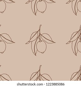 Seamless pattern with lemons. Line drawing isolated on brown background. Fresh Fruits with leaves. Summer design. Vector illustration.