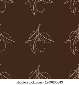 Seamless pattern with lemons. Line drawing isolated on dark brown background. Fresh Fruits with leaves. Summer design. Vector illustration.