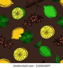 seamless pattern with lemons, mint and cinnamon. The picture is suitable for wallpaper, print for clothes,  dishes, items, cards. Vector illustration.