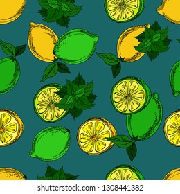 seamless pattern with lemons and mint. Lime pattern. Juicy green vector background. 
Seamless pattern with lime, lemon and mint on turquoise background.  Illustration in style of hand drawing. Vector