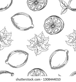 seamless pattern with lemons and mint. Lime pattern. Juicy green vector background. Seamless pattern with lime, lemon and mint on turquoise background. Illustration in style of hand drawing. Vector