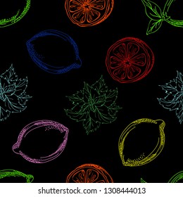 seamless pattern with lemons and mint. Lime pattern. Juicy green vector background. Seamless pattern with lime, lemon and mint on turquoise background. Illustration in style of hand drawing. Vector