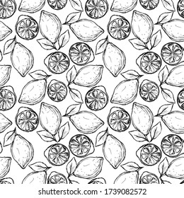 seamless pattern, lemons in monochrome colors, background with fruit in doodle style, ornament for wallpaper and fabrics, scrapbooking paper