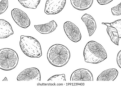 Seamless pattern of lemons, monochrome, vector