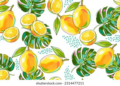 Seamless pattern with lemons and monstera leaves on a white background. Bright summer print with citrus fruits. Whole fruits, halves, leaves and abstract shapes. Cartoon. Vector illustration.