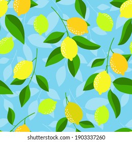 Seamless pattern with lemons on the blue background. Bright summer design. 