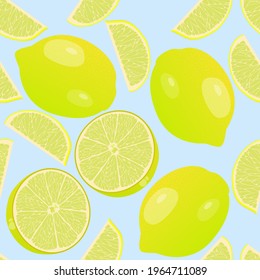Seamless pattern with lemons on a blue background. A pattern with whole and sliced ​​lemons. Vector design for decoration of fabrics, wallpapers, napkins, postcards, kitchen tools, banners, posters.