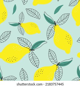 Seamless pattern with lemons on blue background. Modern lemon fruit illustration. Textile design. Repeated background.