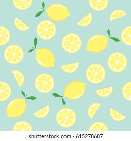 Seamless pattern with lemons on blue background. Vector illustration.