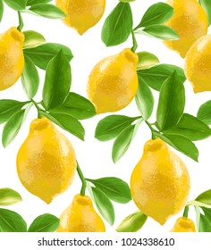 Seamless pattern of lemons on a branch on a white background.