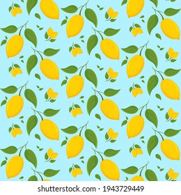 Seamless pattern with lemons on branch. Texture with citrus fruits in cartoon style.