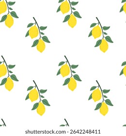 Seamless pattern with lemons on a branch. Summer pattern for fabric or wallpaper. Vector illustration.