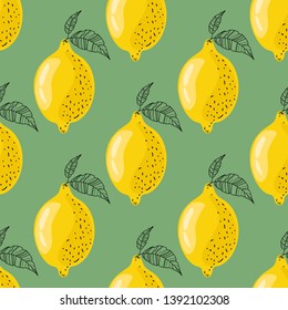 Seamless pattern with lemons on a green background. Juicy lemon with leaves. Banner, poster, print, modern textile design. Vector illustration.