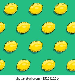 Seamless pattern with lemons on green background.