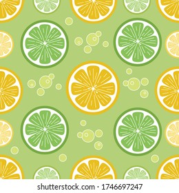 Seamless pattern with lemons on green background, vector illustration